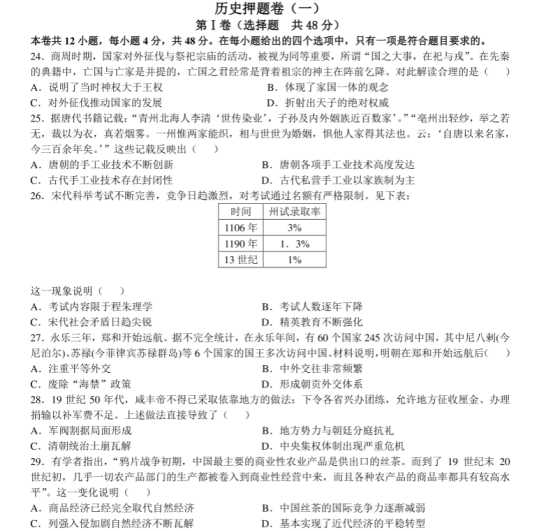 2021高考历史押题预测试卷【含答案】