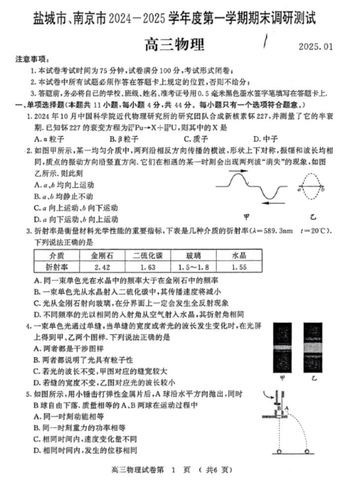 江苏2025高三南京盐城期末(一模)考试物理试题及答案